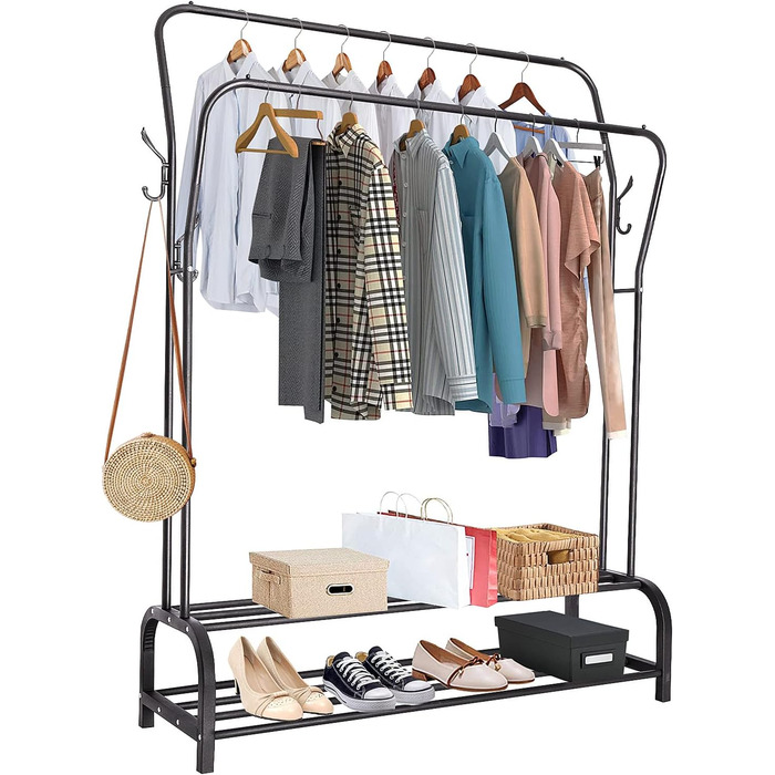 Стійка для одягу на підлозі з металу з полицею для взуття та нижньою полицею, чорна, подвійна