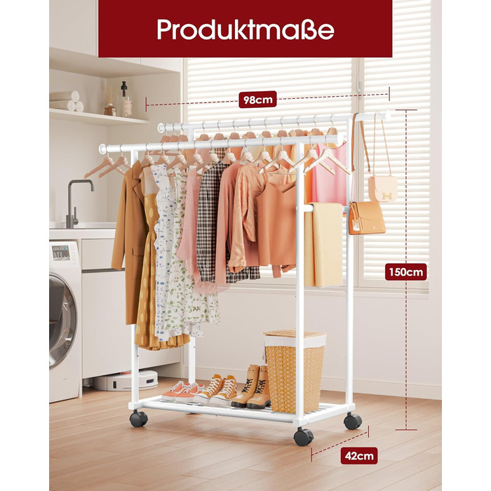 Вешалка для одежды на колесах з подвійною перекладиною та сітчастим дном, 98 x 42 x 150 см, білий