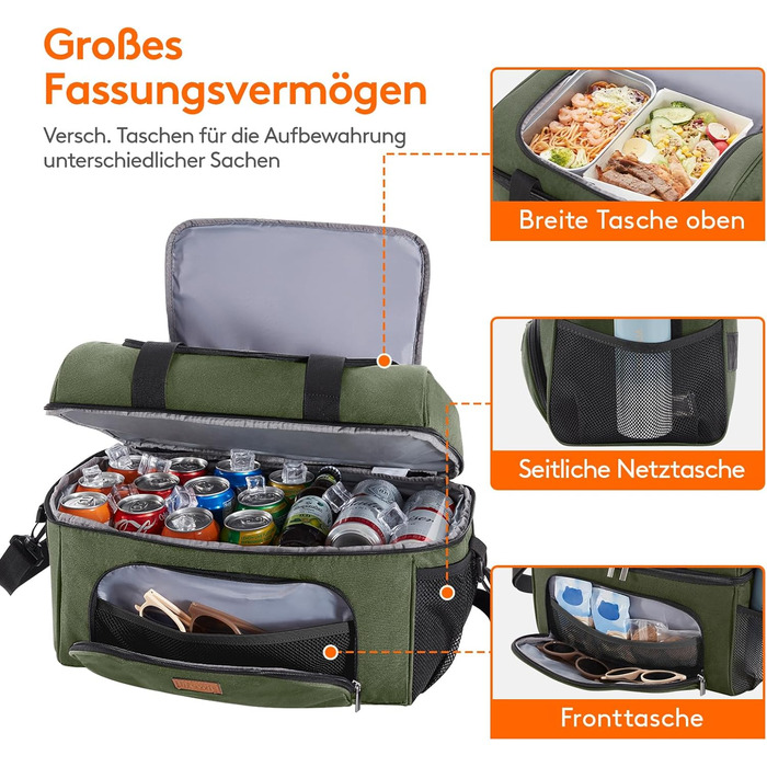Термосумка LifeWit 30L, 32 банки, зелена: для пікніка, пляжу, роботи, подорожей