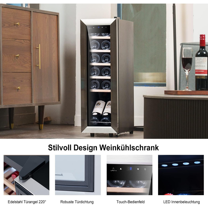 Kalamera 28-Bottle Wine Refrigerator with Touch Control, Stainless Steel Door, 5-18°C Cooling Zone, Removable Wooden Shelves