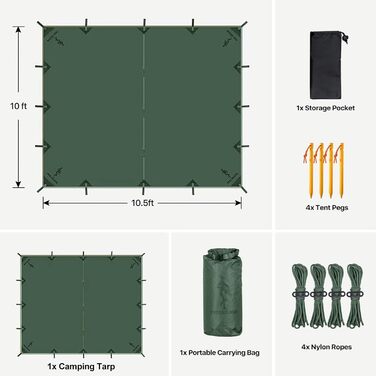 FREE SOLDIER 3x3.2m Waterproof Tarp - Ultralight Camping Shelter, UV Protection, Military Green