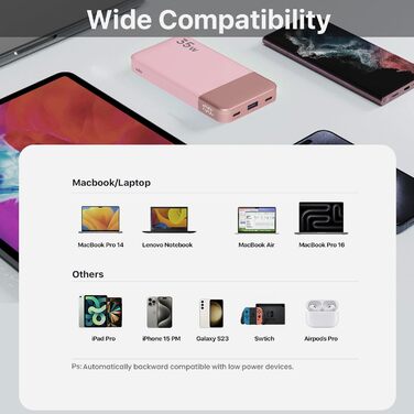 Power Bank NOBIS 35W 10000mAh з цифровим дисплеєм, USB-C, PD, QC, рожевий