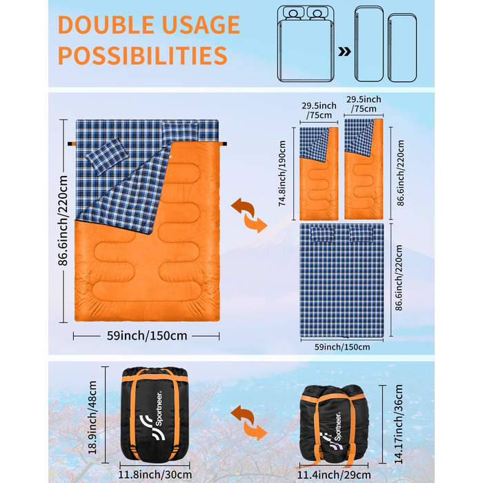 Сплячий мішок Outdoor Sportneer для 2 осіб, 3 сезони, 220x150 см, 2.75 кг, з 2 подушками, для дорослих, оранжевий (без фланелевої підкладки)