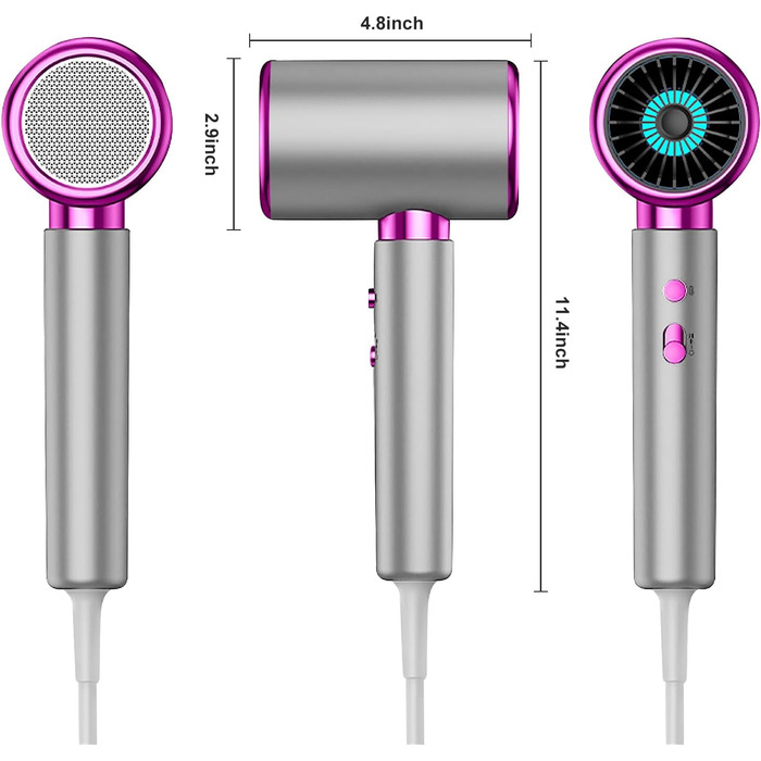 Професійний фен CUBTEM 2400W з іонізацією, для подорожей, 3 температури/2 швидкості, захист від перегріву, білий/сірий