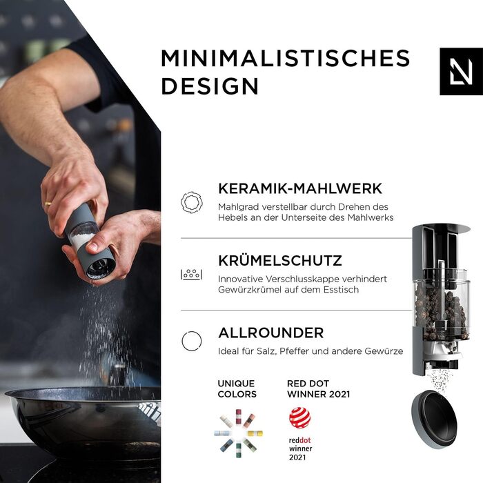 LARS NYSØM Salt and Pepper Grinder Set made of Stainless Steel with Adjustable Ceramic Grinder 2 Pieces | Manual Spice Mills with High-Quality Design (2 pcs) (Ash Gray)