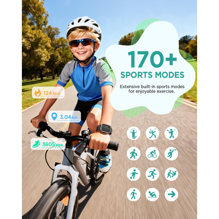 Смарт-годинник RUXINGX для дітей, 1.52″, крокомір, водонепроникний (IP68), з 170+ спортивними режимами, моніторингом серцевого ритму, сном, аудіокнигами, 20 карток для навчання, будильником, чорний