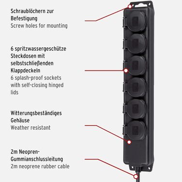 Розподільник розеток Brennenstuhl IP44 6-фазовий, 2м, для будівництва та зовнішнього використання, чорний