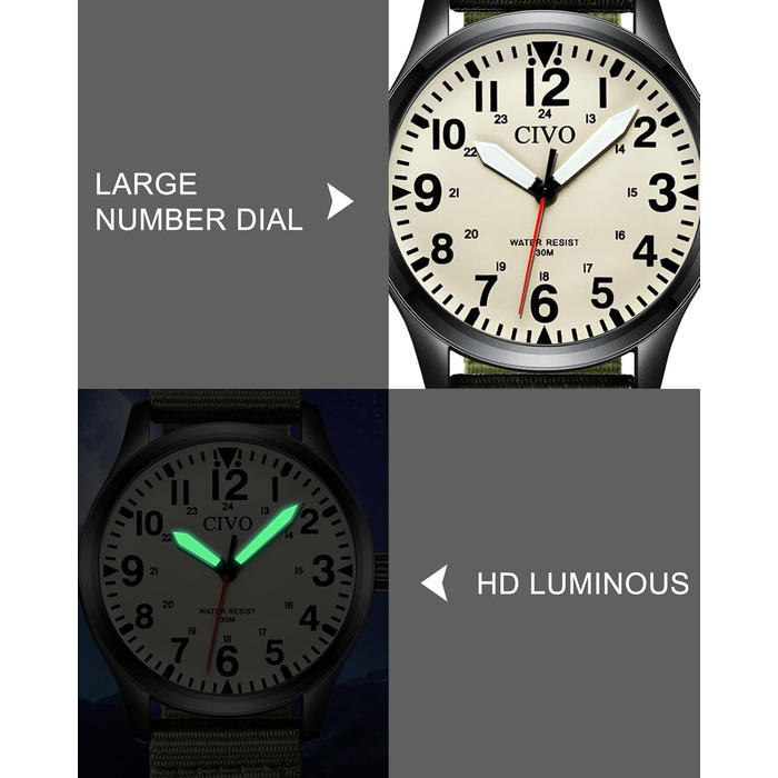 Чоловічий годинник CIVO водонепроникний, аналоговий кварц, великі цифри, світловий, військовий стиль, спортивний, для активного відпочинку, легко читати, подарунок (корпус з нейлону, колір B-1 зелений/кремовий)