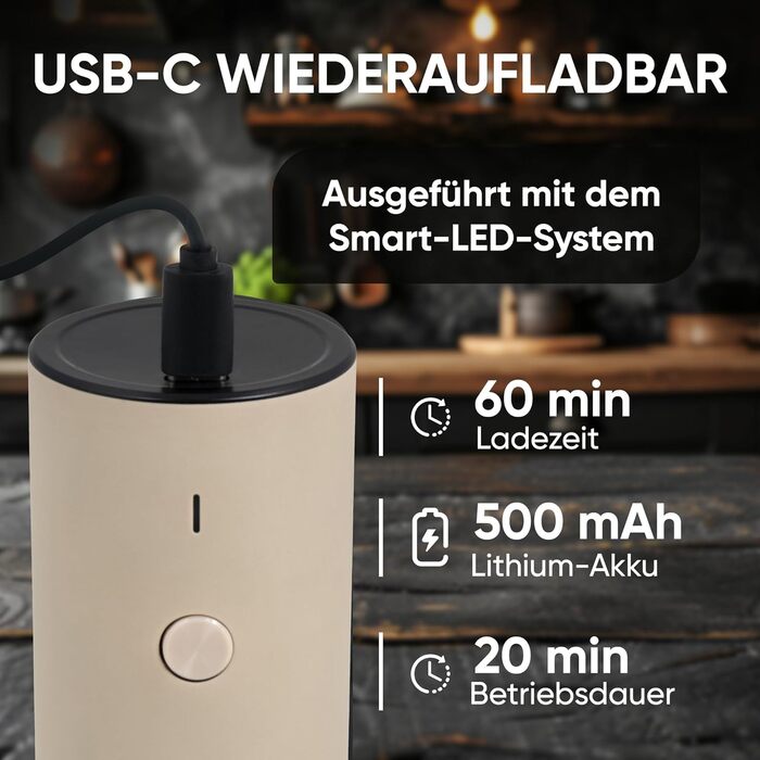 Electric Pepper and Salt Mill Set - 45 ml Beige Edition - USB-C Rechargeable - 6 Adjustable Grind Sizes - Stylish Beige Stainless Steel Design with LED Lamp