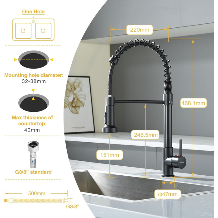 Чорний кухонний змішувач з витяжною лійкою, 360° поворот, 2 режими, нержавіюча сталь