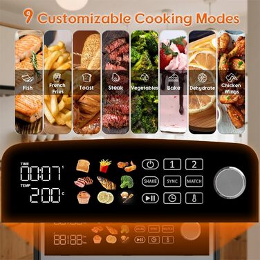 Фритюрниця повітряна подвійна 10L з 2 відсіками | 2400W, 9 програм, таймер, економія енергії, миється в посудомийній машині, сірий колір