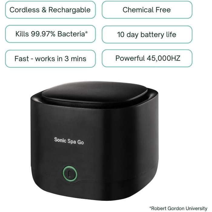 Ультразвуковий очищувач для елайнерів, ретейнерів та протезів з таблетками Boostab - портативний бездротовий пристрій для Invisalign, капп, захисних кап та зубних апаратів (чорний)