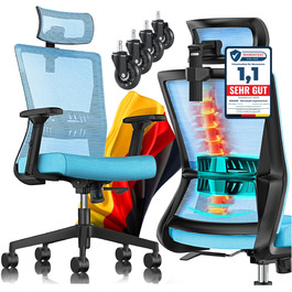 Офісне крісло KESSER® ергономічне з регульованими підлокітниками, підтримкою попереку та підголівником | Крісло для офісу з функцією гойдання до 125° та 5 колесами | Синій/Чорний