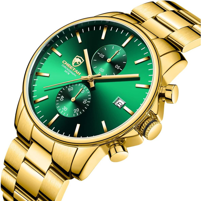 Чоловічий годинник-хронограф з нержавіючої сталі та металу, водонепроникний, кварцовий, з авто-датою та колірними стрілками (Золото-зелений)