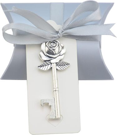 Aokbean 50pcs Wedding Key Bottle Openers Vintage Rose Flower Shape Gifts for Guest Gift Set with Candy Boxes, Thank You Tags and Ribbon (Antique Silver)