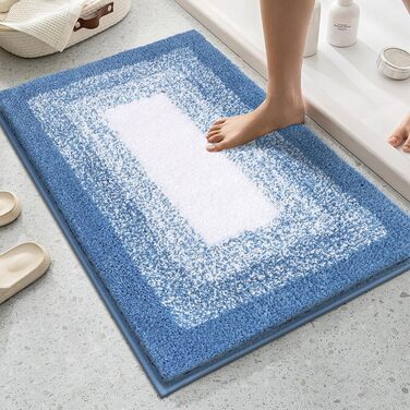 Super Soft Microfiber Bath Mat - Absorbent Non-Slip Bathroom Rug - Washable Shower Mat - 60x90cm Blue