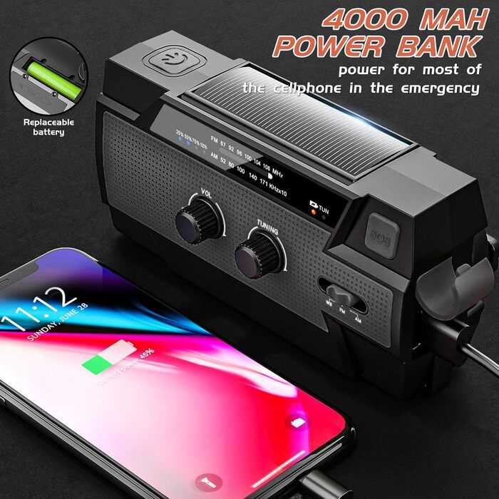 Сонячне радіо YIKANWEN AM/FM з ручкою, USB, акумулятор 4000mAh, для кемпінгу та подорожей (червоний, чорний)