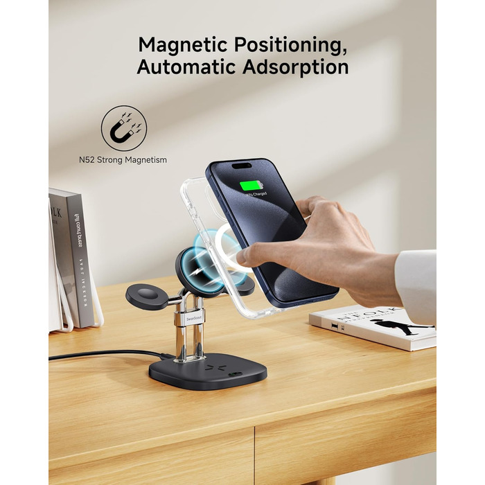 Зарядний пристрій SwanScout 709M Black: Двопортова зарядка для Apple Watch та iPhone (11/Ultra 3/SE 3, Air/17 Pro Max/17 Pro/17/16/15/14)