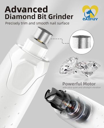 Електричний точилка для кігтів собак Casfuy - 6 режимів, 45 dB, з LED-підсвічуванням, для великих, середніх та малих собак, з захистом від пилу (білий)