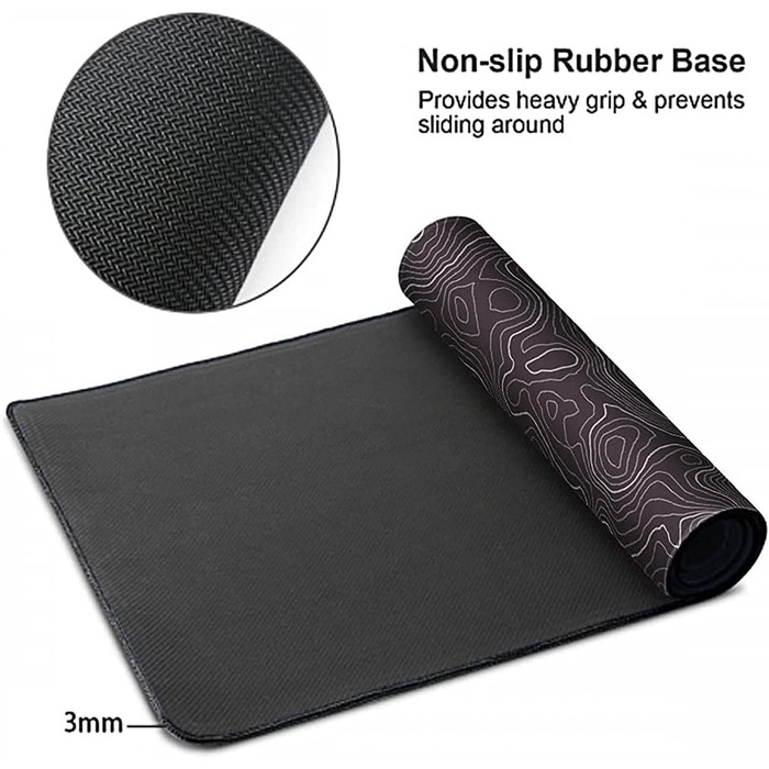 Великий килимок для миші AQQA (88,9 x 43,2 см) з топографічною картою, для геймінгу, офісу та ноутбука, чорний