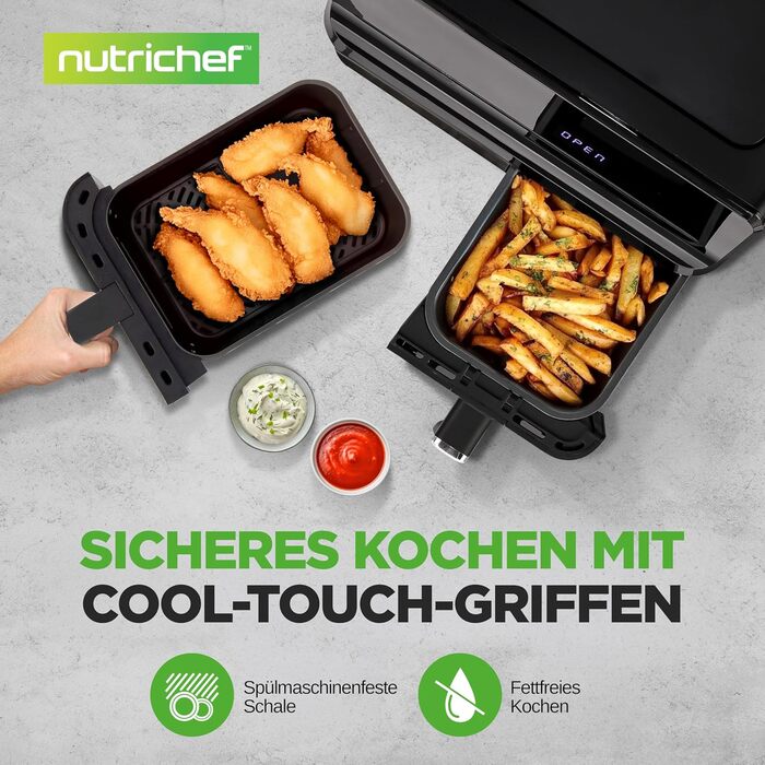 Фритюрниця NutriChef з гарячим повітрям, XXL 8л, подвійна камера, вікно, max 360°C, 9 програм, антипригарне покриття, придатна для миття в посудомийній машині, приготування без жиру, фритюрниця, гриль, духовка, 1700W, 8л, чорний