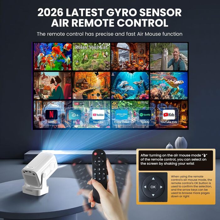 Портативний проєктор Beamer 4K з підтримкою WiFi 6 та Bluetooth 5.4, автофокусом, інтегрованими додатками (2026 модель) - сумісний з HDMI, TV Stick, Memory Stick, Laptop