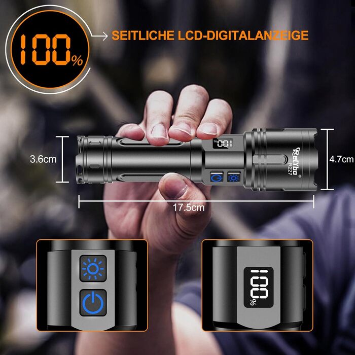 LED ліхтар на акумуляторі XHM90.2 - 500000 люмен, тактичний ліхтар, 2 режими, регулювання яскравості, чорний