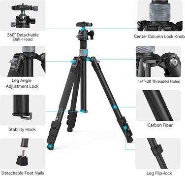 SMALLRIG штатив з вуглецевого волокна з центральною колоною, 360° кульова головка, знімний монопод, Quick Release Plate, вантажопідйомність 12 кг, 4059
