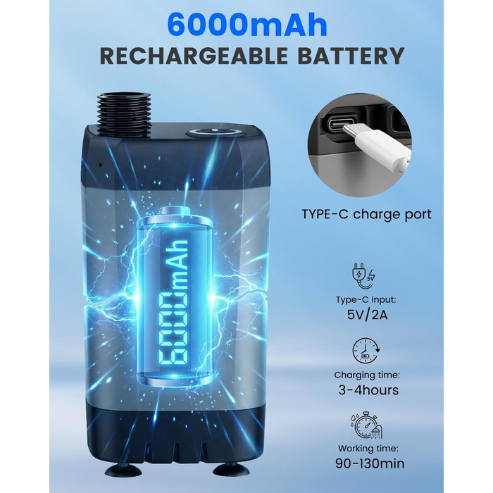 Портативний душ для кемпінгу Tonfarb з акумулятором 6000mAh, насосом та шлангом 2м - для саду, автокемпінгу, подорожей, миття собак
