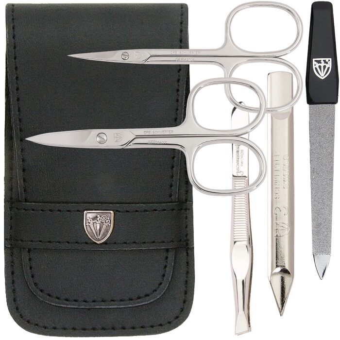 Набір манікюру DREI SCHWERTER 'Anzio III' 5 предметів | Набір для догляду за нігтями в шкіряному етою (чорний) | Ніж для нігтів, щипці, пінцет, алмазна пилка, засіб для очищення нігтів