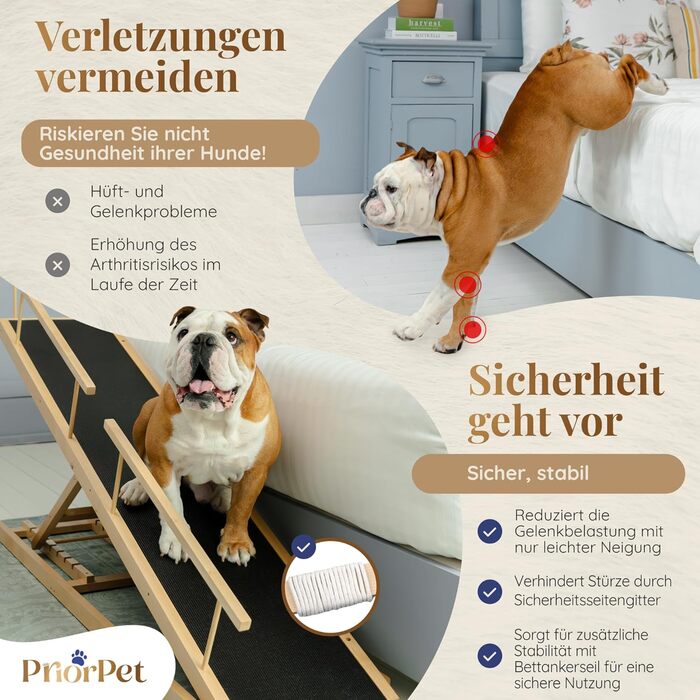 Сходинки для собак PRIORPET з берези з поручнями - регульована висота до 94.5 см - складаються - антиковзаюча поверхня - для маленьких собак до 23 кг - натуральне дерево