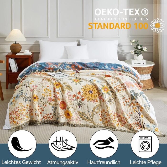 Богемна ковдра Boho 100% бавовна, м'яка ковдра з мусліну, плед 150x200 см, ковдра на диван та ліжко, декоративна ковдра, літня ковдра для вітальні, зелено-бежева (200 x 230 см, квітковий сад)