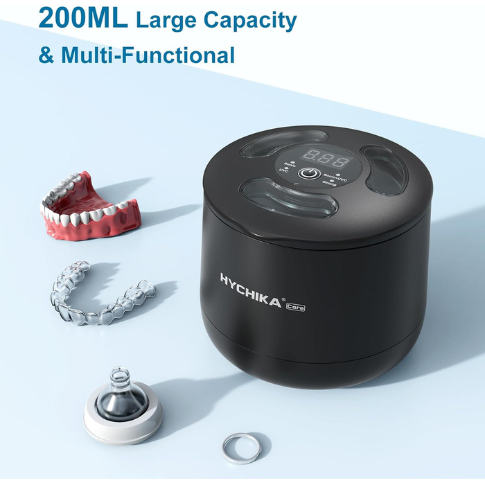 Ультразвуковий очищувач для кап, брекетів та елайнерів з УФ-стерилізацією 45 кГц, 4 режими, 200 мл, чорний