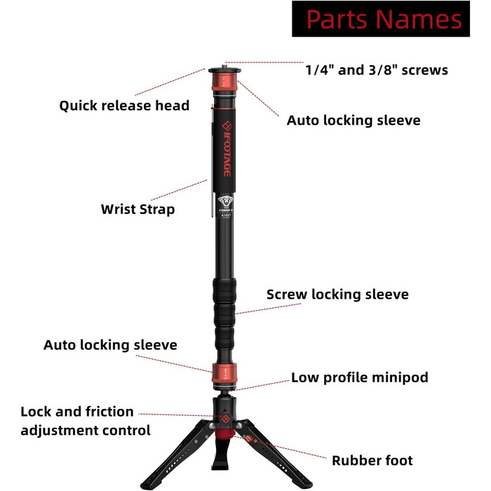 Однонога штатив IFOOTAGE Cobra 3 A180T: штатив-монопод, телескопічний, з алюмінію, для фото- та відеозйомки, сумісний з DSLR та відеокамерами (180 см)