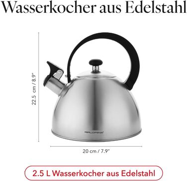 Чайник FLORINA Brillo з нержавіючої сталі (2,5 л) | Чайник-свисток для плити (індукційна, газова, електрична) | Сріблястий | Зручна ручка з бакеліту
