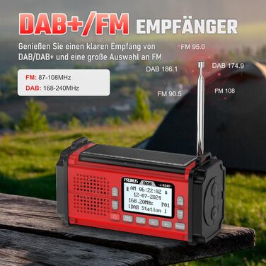 Радіоприймач PRUNUS J-924D: Цифрове DAB+/UKW радіо, радіоприймач для надзвичайних ситуацій з акумулятором 10000mAh, Bluetooth, ліхтарик, SOS-сигнал, зарядка для телефону. (Зелений/Червоний)
