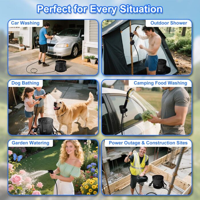 Портативна душова система Anesty для кемпінгу: насос, бак 20л, душова лійка, аксесуари для відпочинку на природі, автомийки та догляду за тваринами