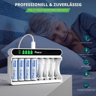 Зарядний пристрій POWXS для акумуляторів Ni-MH/Ni-CD AA/AAA, 8 слотів, LCD-дисплей, USB/Type-C