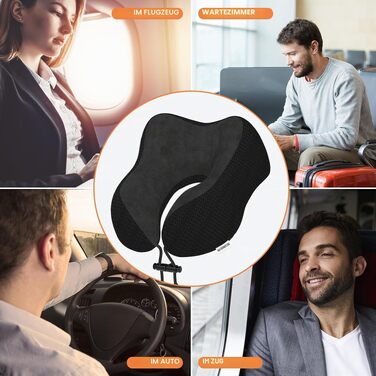 Подушка для шиї в дорогу з ефектом пам'яті (Memory Foam) для літака, авто та офісу, м'який оксамитовий чохол, чорна (набір 2 шт.)