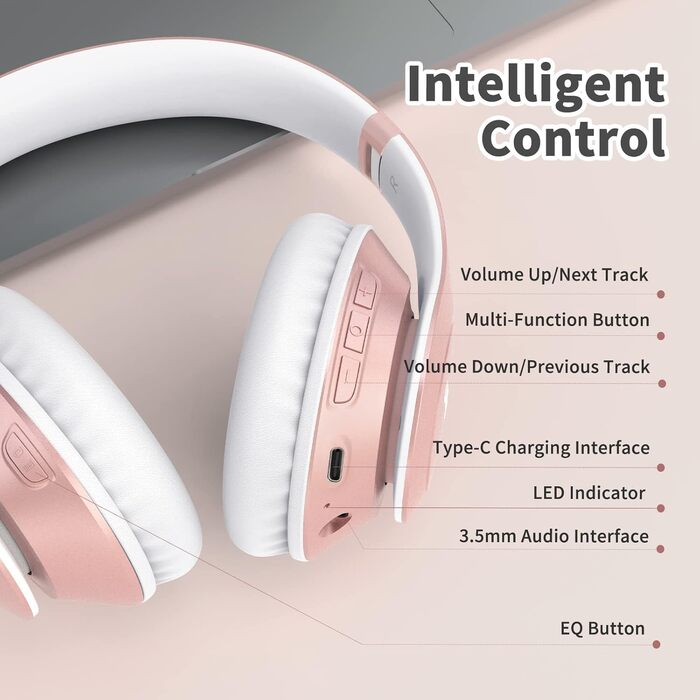 Бездротові навушники Uliptz Over-Ear Bluetooth з 65 годинами роботи, 6 EQ-режимів, HiFi стерео, складні, для подорожей/офісу/телефону/ПК (Рожеве золото)