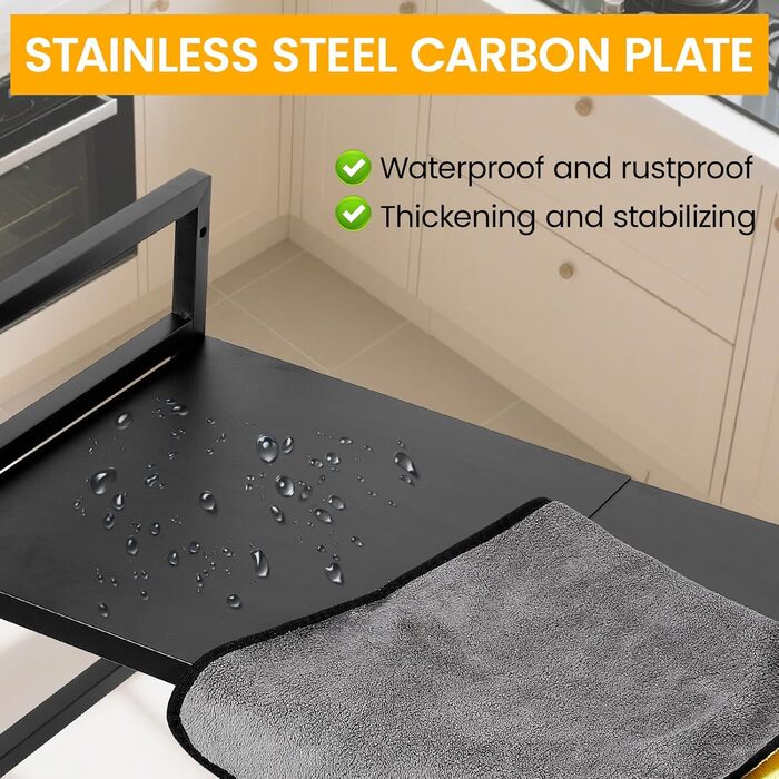 Регульована полиця для мікрохвильової печі, 2-ярусна, розширювана полиця для кухні з вуглецевої сталі з 8 гачками, підставка для кухонного приладдя, стійка для мікрохвильової печі та органайзер для кухні