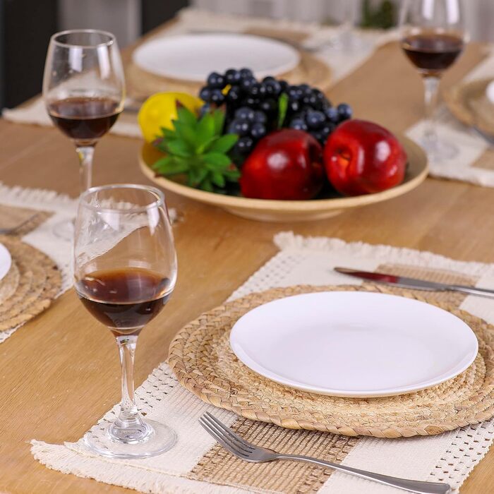 Zology Handcrafted Boho Placemats, Set of 6, Natural Cotton, Burlap & Water Hyacinth, Woven Combination Placemats, Macrame Decor & Farmhouse Style, Placemats for Dining Table, Kitchen