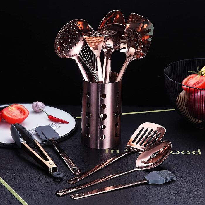 Copper Kitchen Utensils, 13-Piece Stainless Steel Cookware Set with Titanium Rose Gold Coating, Kitchen Utensil Set with Utensil Holder for Non-Stick Cookware (13 Pack)