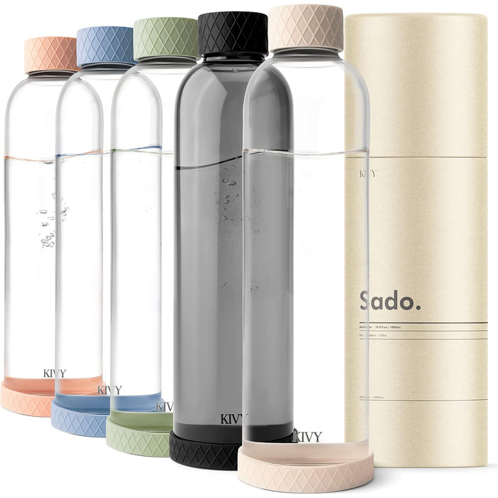 KIVY Glass Bottle 1 Liter with Silicone Protection [Extremely Break-Resistant] Drinking Bottle Glass 1l Suitable for Carbonated Drinks - Glass Water Bottle 1l - Glass Drinking Bottle - Glass Drinking Bottle 1l - Glass Drinking Bottle (Cream White)