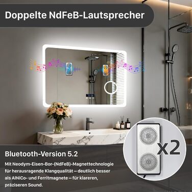 Дзеркало для ванної кімнати LUVODI з підсвічуванням 100x70 см: годинник, температура, дата, антизапар, регулювання яскравості, 3 кольори світла, функція пам'яті, LED, водонепроникність (60L x 80B см, 3x лупа + Bluetooth)