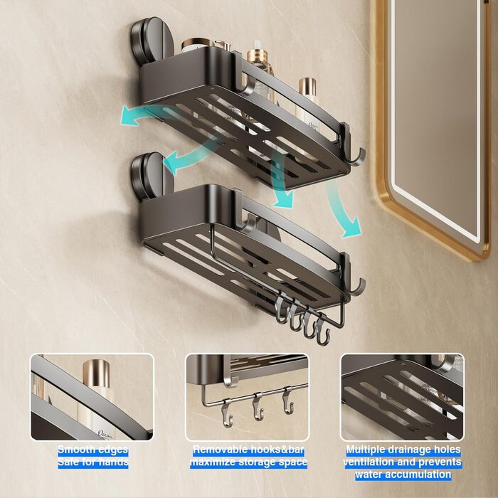 Поличка для душу без свердління, кутова поличка для ванної кімнати з присосками, корзина для душу з тримачем для рушників та знімними гачками (2 шт., сіра) (Прямокутна – 2 шт.)