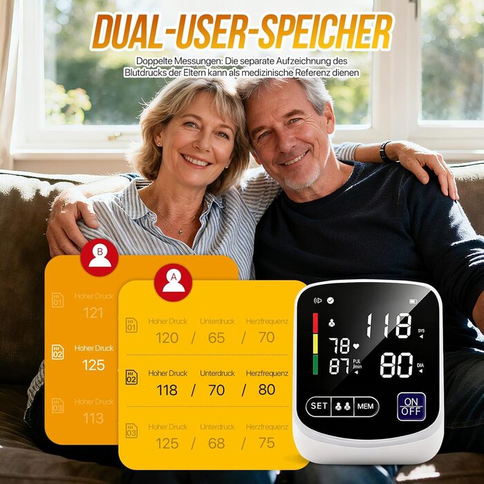 Тонометр на плече RoserRose: цифровий, з голосовим супроводом німецькою, LED-дисплей, 2x99 місць пам'яті, манжета 22-36 см, AAA-батарея/Type-C кабель