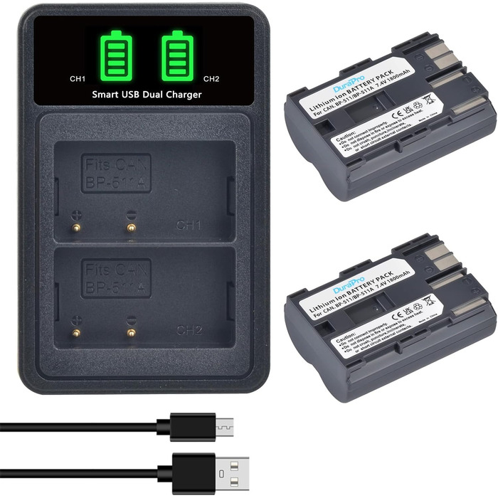 Акумулятор DuraPro 2X BP-511A BP-511 для Canon EOS 5D, 10D, 20D, 30D, 40D, 50D, 300D, D30, D60, Rebel, PowerShot G1, G2, G3, G5, G6, Pro 1, Pro 90, 90IS + LCD-Dual-USB-зарядний пристрій