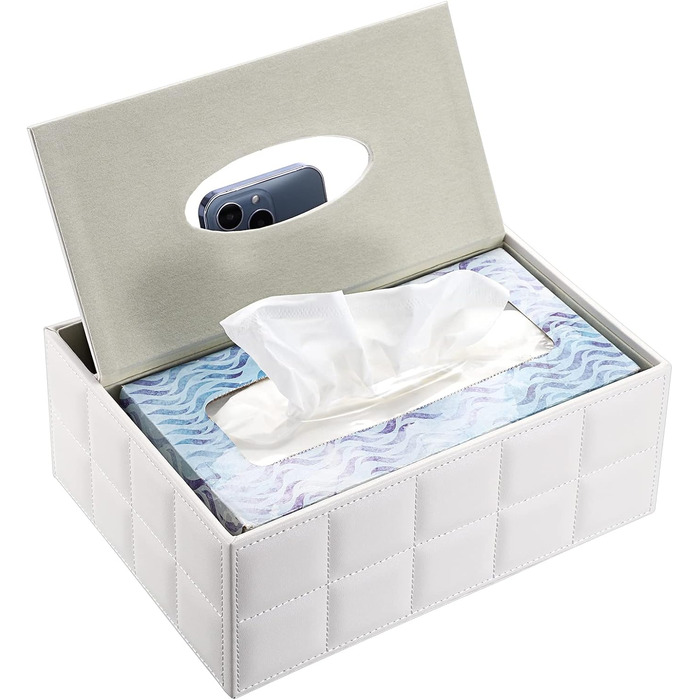 BTSKY Rectangular Tissue Box Holder made of PU Leather with Remote Control Pocket – Desk Tissue Holder, Organizer, Storage Box, Holder, Remote Control Container, White