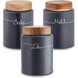 Набір контейнерів для зберігання KHG для кухні антрацитово-сірого кольору з дерев'яними кришками, контейнери для продуктів з кераміки, з маркуванням, набір органайзерів для кухні, без пластику та світлонепроникні (набір для борошна, солі, цукру)